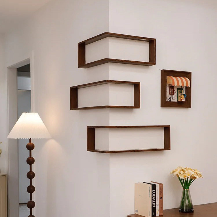 Wall-Mounted 90 Corner Single Tier Wood Display Shelf