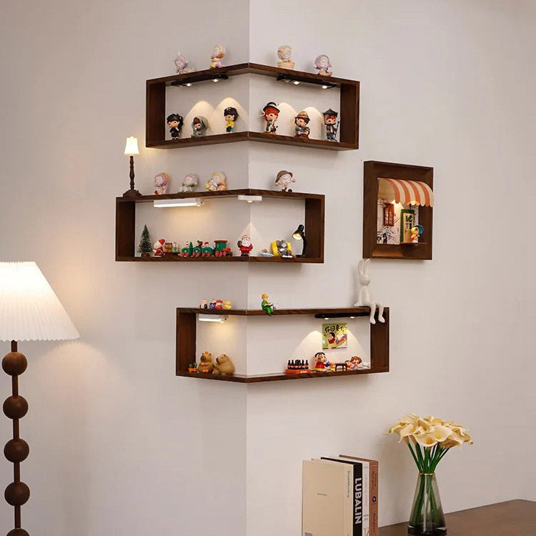 Wall-Mounted 90 Corner Single Tier Wood Display Shelf